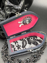 Load image into Gallery viewer, Death Raven Skull Wood Coffin Ring Box, Witchy Vibes Coffin Jewelry Box, Ultimate Glam and Goth Small Coffin Ring Box, Halloween Coffin Box
