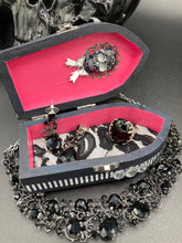 Load image into Gallery viewer, Death Raven Skull Wood Coffin Ring Box, Witchy Vibes Coffin Jewelry Box, Ultimate Glam and Goth Small Coffin Ring Box, Halloween Coffin Box
