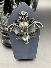 Load image into Gallery viewer, Death Raven Skull Wood Coffin Ring Box, Witchy Vibes Coffin Jewelry Box, Ultimate Glam and Goth Small Coffin Ring Box, Halloween Coffin Box
