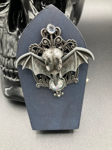 Death Raven Skull Wood Coffin Ring Box, Witchy Vibes Coffin Jewelry Box, Ultimate Glam and Goth Small Coffin Ring Box, Halloween Coffin Box