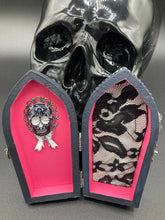 Load image into Gallery viewer, Death Raven Skull Wood Coffin Ring Box, Witchy Vibes Coffin Jewelry Box, Ultimate Glam and Goth Small Coffin Ring Box, Halloween Coffin Box
