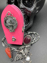 Load image into Gallery viewer, Lady Death And Grim Reaper Wood Coffin Ring Box, Mini Witchy Vibes Pink Decorative Box, Spooky Glam And Ghoul Home Decoration, Death Morbid
