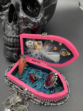 Load image into Gallery viewer, Lady Death And Grim Reaper Wood Coffin Ring Box, Mini Creepy VooDoo Doll, La Muerte Calavera
