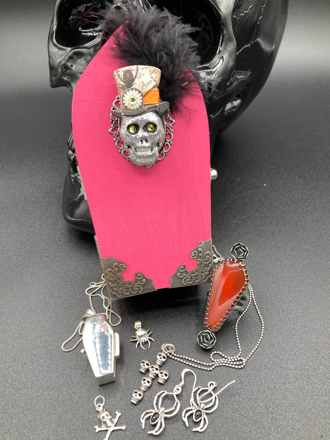 Misfit Small Wood Coffin Ring Box, Steampunk Inspired Jewelry Box, Spooky Goth Glam Skull, Gothic Vintage Evil Carnival Inspired Ringleader