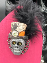 Load image into Gallery viewer, Misfit Small Wood Coffin Ring Box, Steampunk Inspired Jewelry Box, Spooky Goth Glam Skull, Gothic Vintage Evil Carnival Inspired Ringleader

