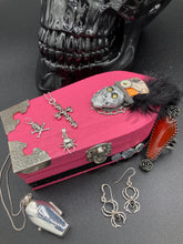 Load image into Gallery viewer, Misfit Small Wood Coffin Ring Box, Steampunk Inspired Jewelry Box, Spooky Goth Glam Skull, Gothic Vintage Evil Carnival Inspired Ringleader
