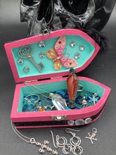 Load image into Gallery viewer, Misfit Small Wood Coffin Ring Box, Gothic Vintage Evil Carnival Ringleader, Calavera De La Muerte
