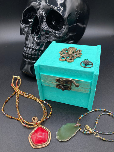 witchy metal octopus with emerald eyes small wood jewelry box hand painted ocean inspired small trinket box steampunk metal decor box