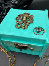 Load image into Gallery viewer, witchy metal octopus with emerald eyes small wood jewelry box hand painted ocean inspired small trinket box steampunk metal decor box
