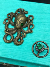 Load image into Gallery viewer, witchy metal octopus with emerald eyes small wood jewelry box hand painted ocean inspired small trinket box steampunk metal decor box
