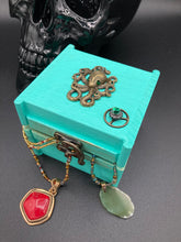 Load image into Gallery viewer, witchy metal octopus with emerald eyes small wood jewelry box hand painted ocean inspired small trinket box steampunk metal decor box
