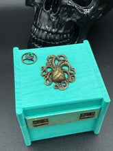 Load image into Gallery viewer, witchy metal octopus with emerald eyes small wood jewelry box hand painted ocean inspired small trinket box steampunk metal decor box
