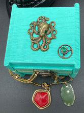 Load image into Gallery viewer, witchy metal octopus with emerald eyes small wood jewelry box hand painted ocean inspired small trinket box steampunk metal decor box
