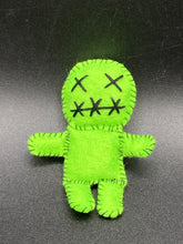 Load image into Gallery viewer, Beetlejuice inspired Lime Green Voodoo Doll stands at 3 1/4&quot; in height.  All lime green with “x” for eyes and mouth sowed shut.  Super spooky but still cute doll.
