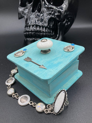 Steampunk Aesthetic Wood Ring Box Or Small Jewelry Box, Unique Small Box With Metal Clock Gears And Decorative White Door Knob. Vintage Aqua Wood Stain.