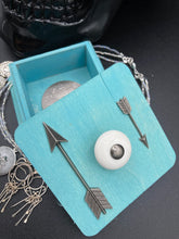 Load image into Gallery viewer, Survived 2020 Keepsake Box, Silver Arrows Wood Keepsake Box, Steampunk Inspired Metal Clock Gears Small Trinket Box
