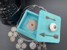 Load image into Gallery viewer, Survived 2020 Keepsake Box, Silver Arrows Wood Keepsake Box, Steampunk Inspired Metal Clock Gears Small Trinket Box
