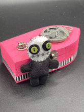 Load image into Gallery viewer, Lady Death And Grim Reaper Wood Coffin Ring Box, Mini Creepy VooDoo Doll, La Muerte Calavera
