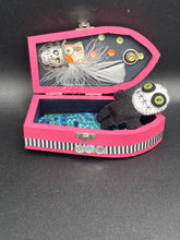 Load image into Gallery viewer, Lady Death And Grim Reaper Wood Coffin Ring Box, Mini Creepy VooDoo Doll, La Muerte Calavera
