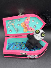 Load image into Gallery viewer, Misfit Small Wood Coffin Ring Box, Gothic Vintage Evil Carnival Ringleader, Calavera De La Muerte
