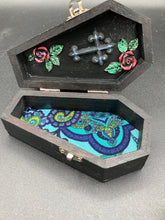 Load image into Gallery viewer, Vintage Inspired Wood Coffin Ring Box or Jewelry Box And Spooky But Cute VooDoo Doll

