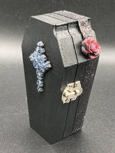 Load image into Gallery viewer, Vintage Inspired Wood Coffin Ring Box or Jewelry Box And Spooky But Cute VooDoo Doll
