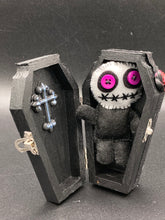 Load image into Gallery viewer, Creepy black and purple  Voodoo Doll stands tall at 3 3/8&quot; in height.  He’s all black like a shadow but has a round white head.  Bright purple buttons for eyes are perfect to see you better with.
