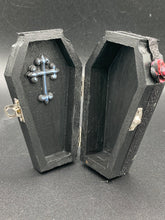 Load image into Gallery viewer, Vintage Inspired Wood Coffin Ring Box or Jewelry Box And Spooky But Cute VooDoo Doll
