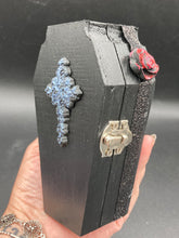Load image into Gallery viewer, Vintage Inspired Wood Coffin Ring Box or Jewelry Box And Spooky But Cute VooDoo Doll
