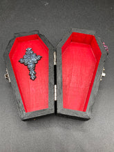 Load image into Gallery viewer, Vintage Inspired Wood Coffin Ring Box or Jewelry Box And Spooky But Cute VooDoo Doll
