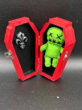Load image into Gallery viewer, Beetlejuice inspired Lime Green Voodoo Doll stands at 3 1/4&quot; in height.  All lime green with “x” for eyes and mouth sowed shut.  Super spooky but still cute doll.
