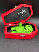 Load image into Gallery viewer, Beetlejuice inspired Lime Green Voodoo Doll stands at 3 1/4&quot; in height.  All lime green with “x” for eyes and mouth sowed shut.  Super spooky but still cute doll.
