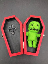 Load image into Gallery viewer, Beetlejuice inspired Lime Green Voodoo Doll stands at 3 1/4&quot; in height.  All lime green with “x” for eyes and mouth sowed shut.  Super spooky but still cute doll.
