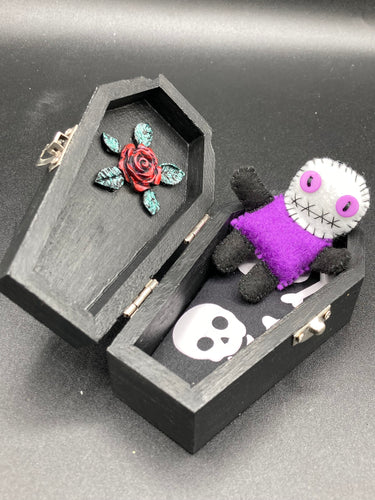 Mini socially awkward black and purple Voodoo Doll stands at 2 3/4