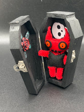 Load image into Gallery viewer, Black Wood Coffin Ring Box And Spooky But Cute Misfit VooDoo Doll
