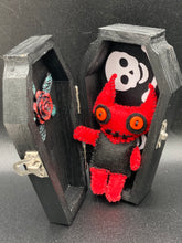Load image into Gallery viewer, Black Wood Coffin Ring Box And Spooky But Cute Misfit VooDoo Doll
