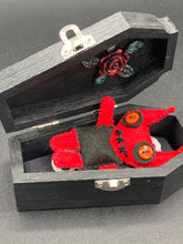 Load image into Gallery viewer, Black Wood Coffin Ring Box And Spooky But Cute Misfit VooDoo Doll
