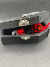 Load image into Gallery viewer, Black Wood Coffin Ring Box And Spooky But Cute Misfit VooDoo Doll
