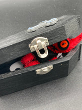 Load image into Gallery viewer, Black Wood Coffin Ring Box And Spooky But Cute Misfit VooDoo Doll
