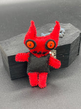 Load image into Gallery viewer, Black Wood Coffin Ring Box And Spooky But Cute Misfit VooDoo Doll
