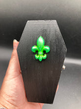 Load image into Gallery viewer, Lime Green BeetleJuice Inspired Wood Coffin Ring Box And Spooky But Cute Misfit VooDoo Doll
