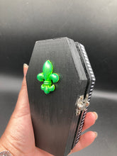 Load image into Gallery viewer, Lime Green BeetleJuice Inspired Wood Coffin Ring Box And Spooky But Cute Misfit VooDoo Doll
