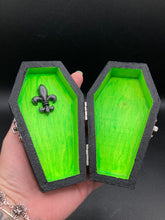 Load image into Gallery viewer, Lime Green BeetleJuice Inspired Wood Coffin Ring Box And Spooky But Cute Misfit VooDoo Doll
