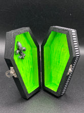 Load image into Gallery viewer, Lime Green BeetleJuice Inspired Wood Coffin Ring Box And Spooky But Cute Misfit VooDoo Doll

