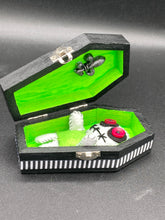 Load image into Gallery viewer, Mini Lime Green And White Voodoo Doll stands at 3 1/2&quot; in height.  Torso is lime green with arms, legs and head is all white.  He has dark red buttons for eyes.  Adorable but with a dash of creepy.
