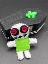 Load image into Gallery viewer, Mini Lime Green And White Voodoo Doll stands at 3 1/2&quot; in height.  Torso is lime green with arms, legs and head is all white.  He has dark red buttons for eyes.  Adorable but with a dash of creepy.
