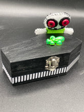Load image into Gallery viewer, Mini Lime Green And White Voodoo Doll stands at 3 1/2&quot; in height.  Torso is lime green with arms, legs and head is all white.  He has dark red buttons for eyes.  Adorable but with a dash of creepy.
