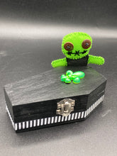Load image into Gallery viewer, Lime Green BeetleJuice Inspired Wood Coffin Ring Box And Spooky But Cute Misfit VooDoo Doll
