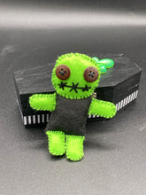 Load image into Gallery viewer, Lime Green BeetleJuice Inspired Wood Coffin Ring Box And Spooky But Cute Misfit VooDoo Doll

