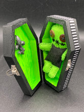Load image into Gallery viewer, Lime Green BeetleJuice Inspired Wood Coffin Ring Box And Spooky But Cute Misfit VooDoo Doll
